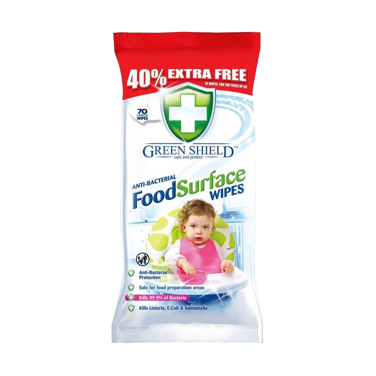 Вологі серветки для прибирання кухні Green Shield Anti-Bacterial Food Surface Wipes, 70 шт